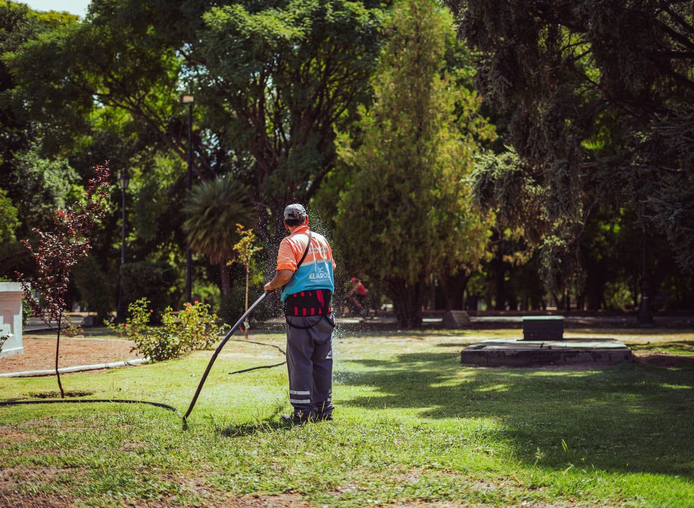 A groundskeeper watering greenery in a landscaped park.