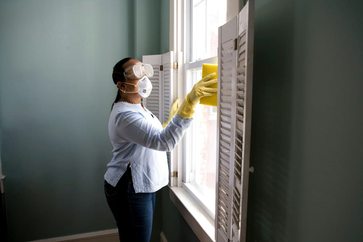 A professional carefully cleaning a bright window.